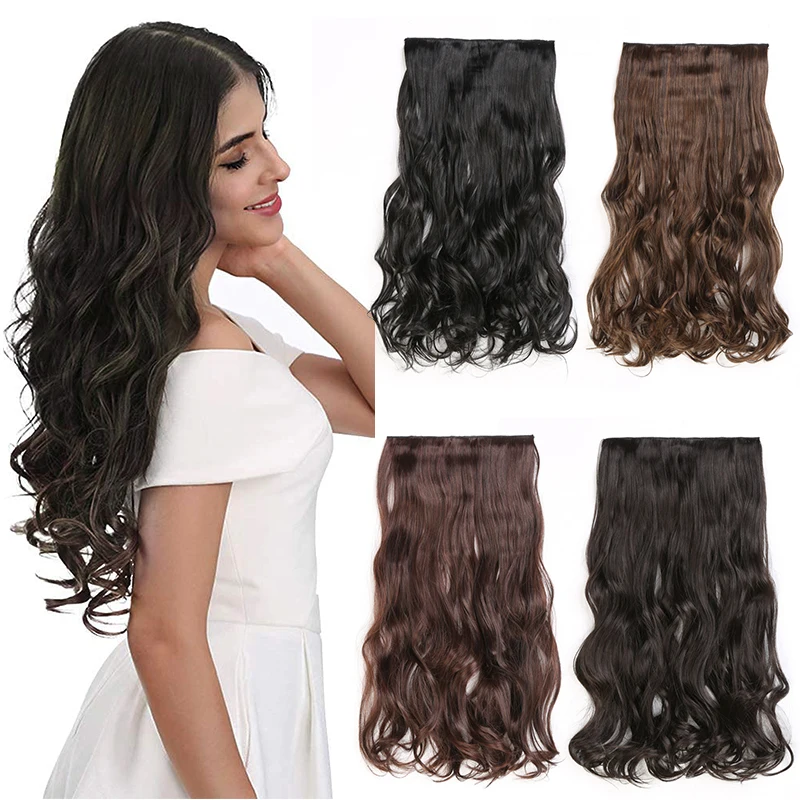 24-инчов синтетични дълга къдрава коса с 5 скоби за изграждане на топлоустойчиви изкуствена коса цвят омбре кафяви черна изкуствена коса за жени Изображение 0