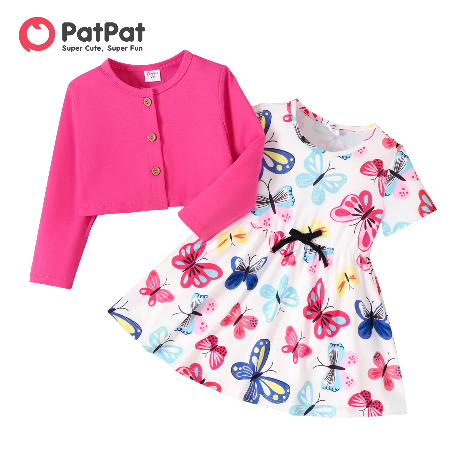 PatPat 2 бр., рокля с къс ръкав и принтом пеперуди за малки момичета, комплект от кардигана копчета Изображение 0