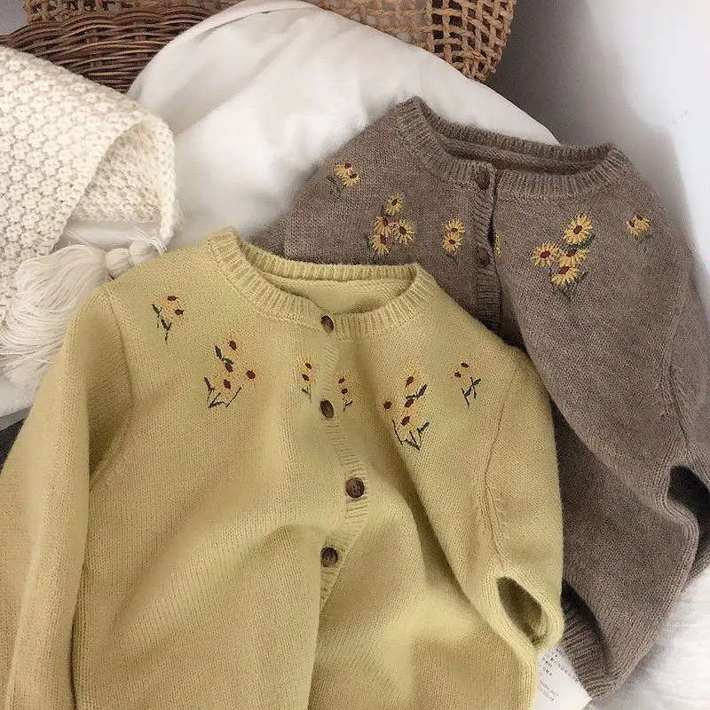 Есенно-зимния пуловер за момичета в стила на хризантеми, Харадзюку, Kawai, модерни, универсални свободни възли блузи, ежедневни детска жилетка с дълъг ръкав Изображение 0