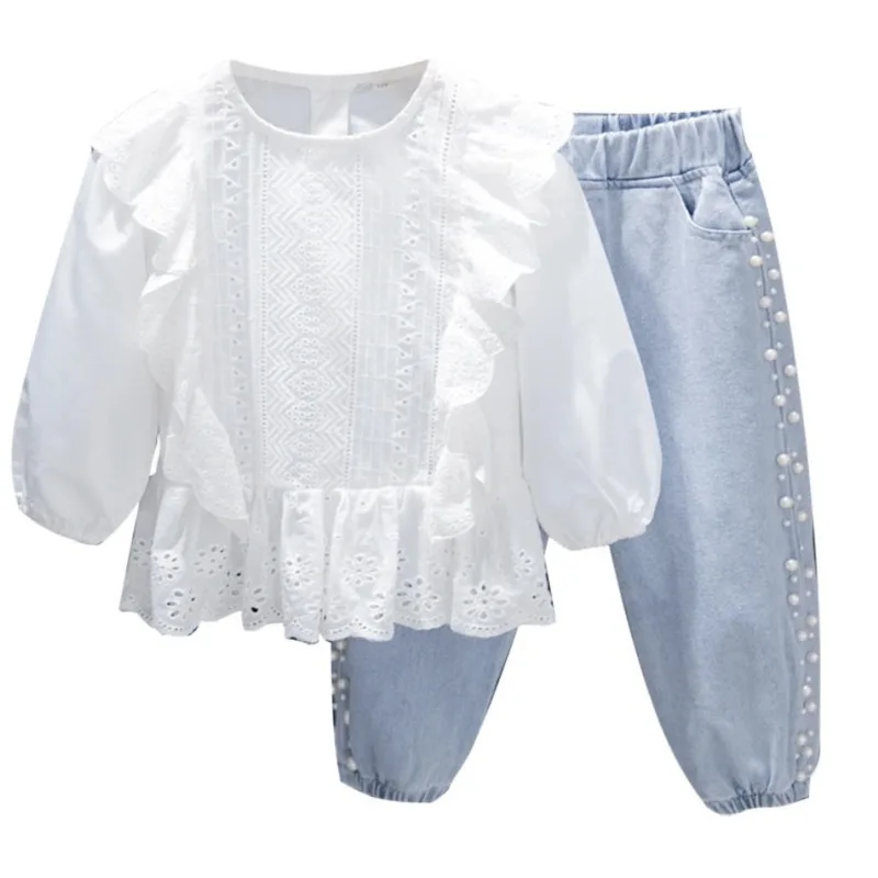 Пролетно-есенен нов костюм за момичета, дантелен потник, риза, модни дънки, всекидневни комплект бебешки дрешки, блуза, дрехи за малките момичета Изображение 0