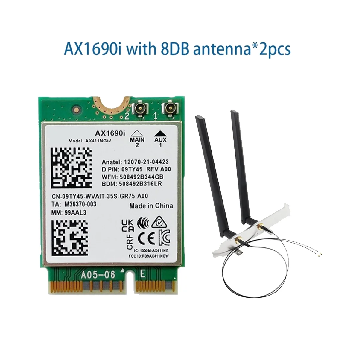 AX1690I WiFi Карта с антена 2X8 DB AX411 Wi-Fi 6E Скорост 2,4 Gbit/s, 802.11n Ax 2,4/5 / 6 Ghz Безжичен модул Bluetooth 5,3 Изображение 1