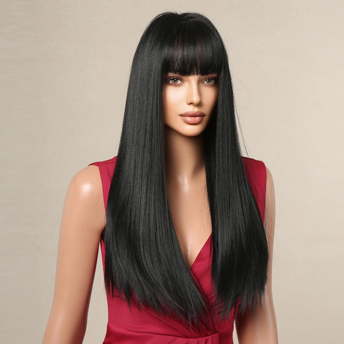 Дълга права синтетични перука с бретон тъмно-черни перуки за жени, cosplay, топлоустойчива многослойни перуки от естествена коса Изображение 1