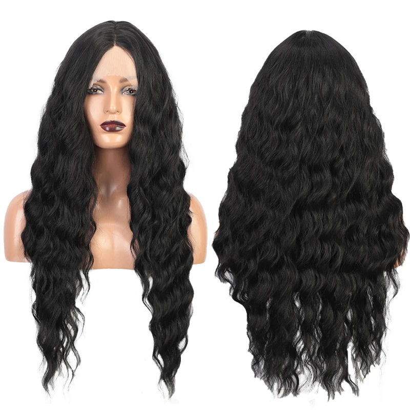 Дълъг синтетични перука с масова вълна, естествен черен цвят, средна част, перуки за черно-бели жени, висококачествен перука за ежедневна употреба в костюми Изображение 1