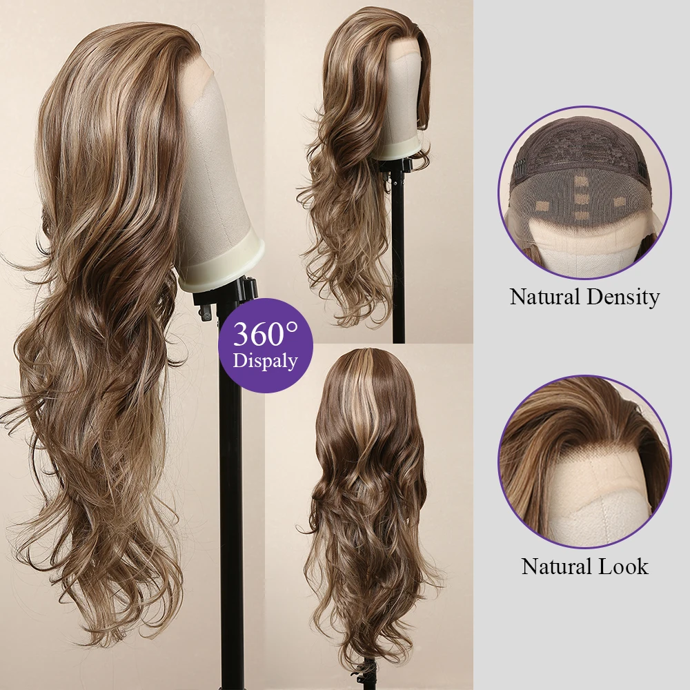 Къдрава синтетични перуки на дантели 13 × 4, перуки, направени от светлите дълги вълнообразни косата на перука от естествен дантела за жени, перука за cosplay, перука за парти, огнеупорни Изображение 1