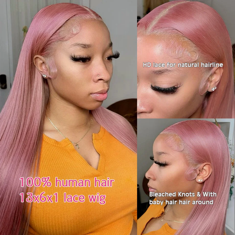 28-30 Инчов розово права перука от естествена коса отпред 13x6x1, цветни перуки, изработени от човешка коса, за жени, HD перука от естествена коса отпред, пролетни розови перуки, изработени от човешка коса Изображение 2
