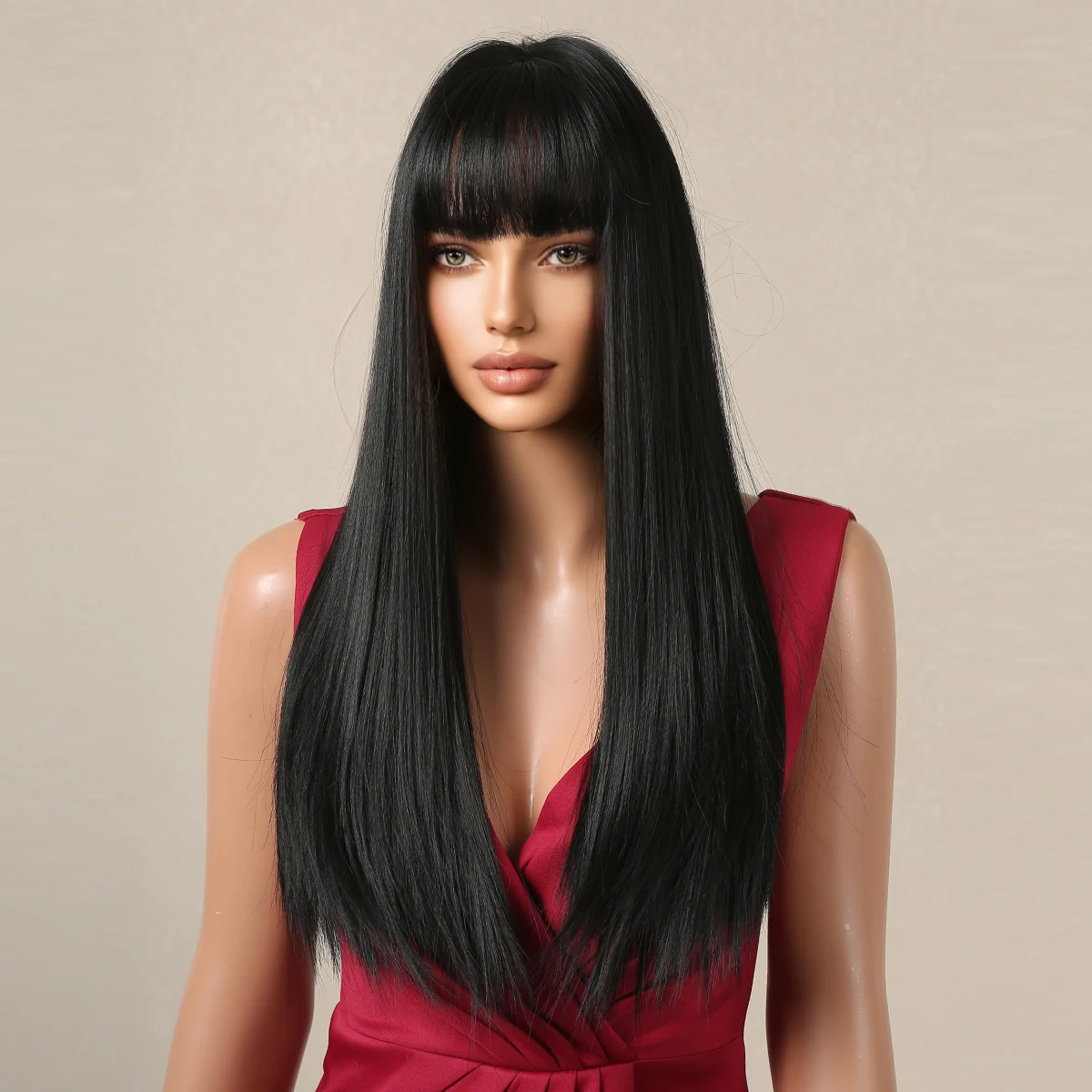 Дълга права синтетични перука с бретон тъмно-черни перуки за жени, cosplay, топлоустойчива многослойни перуки от естествена коса Изображение 2