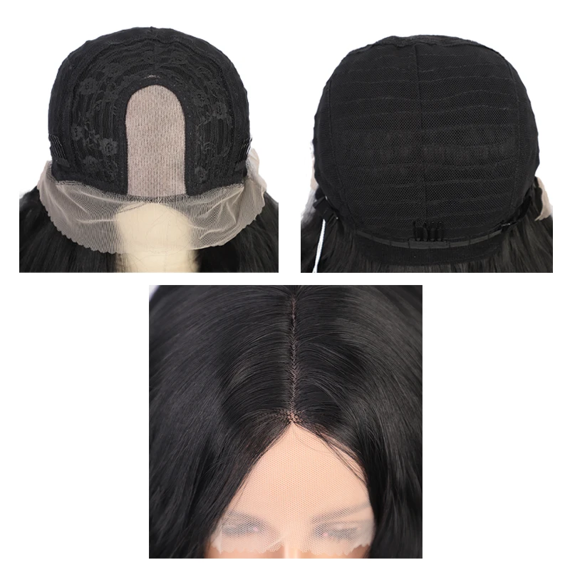 Дълъг синтетични перука с масова вълна, естествен черен цвят, средна част, перуки за черно-бели жени, висококачествен перука за ежедневна употреба в костюми Изображение 2