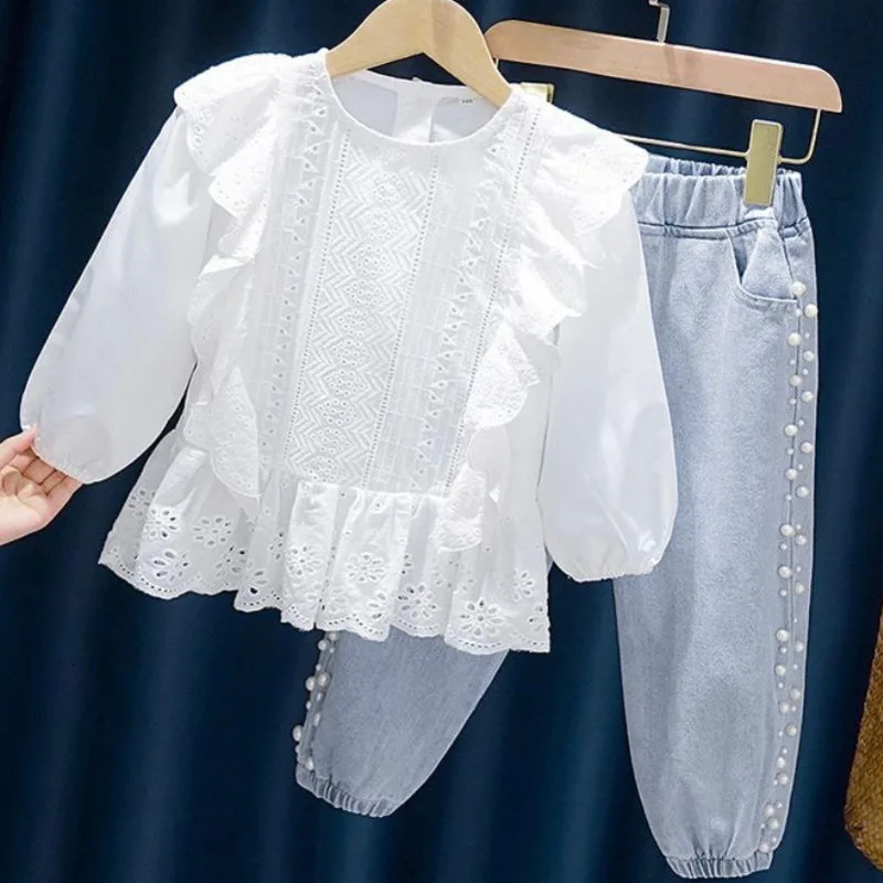 Пролетно-есенен нов костюм за момичета, дантелен потник, риза, модни дънки, всекидневни комплект бебешки дрешки, блуза, дрехи за малките момичета Изображение 3