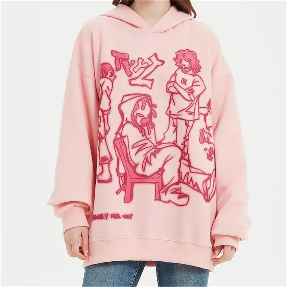 Розова hoody с качулка 2023, пролетно градинска облекло в стил хип-хоп, забавна hoody с анимационни модел, есенен пуловер с качулка в стил аниме харадзюку Изображение 3