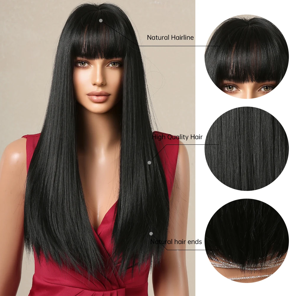 Дълга права синтетични перука с бретон тъмно-черни перуки за жени, cosplay, топлоустойчива многослойни перуки от естествена коса Изображение 4