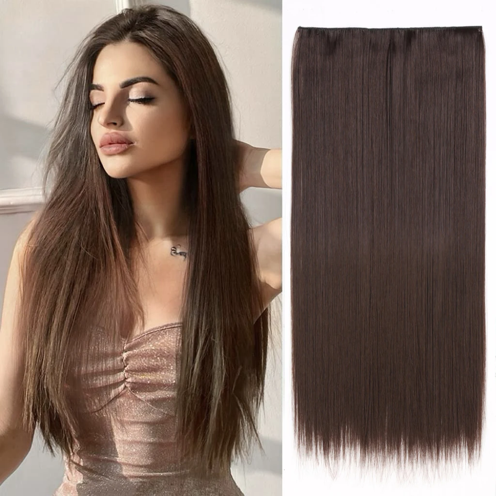 24-инчов синтетични дълга къдрава коса с 5 скоби за изграждане на топлоустойчиви изкуствена коса цвят омбре кафяви черна изкуствена коса за жени Изображение 5
